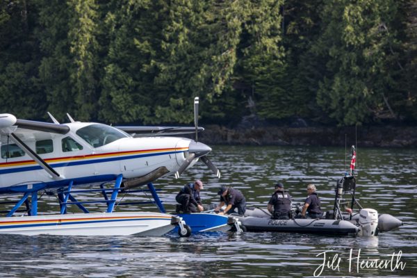 The RHIB rendeavouz with the RCMP float plane and pilot Francois Longpre for an aerial patrol.