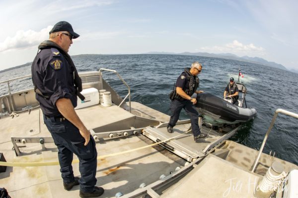 The Rigid Hull Inflatable Boat (RHIB) can be quickly launched and retrieved while underway.